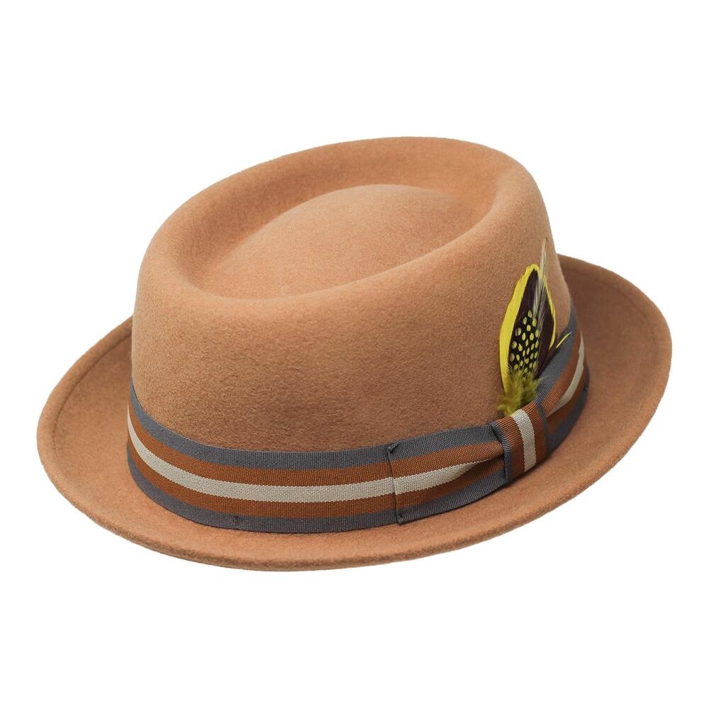 1673 Premium Defoe Porkpie Hat with Removable Feather 100% Wool Felt